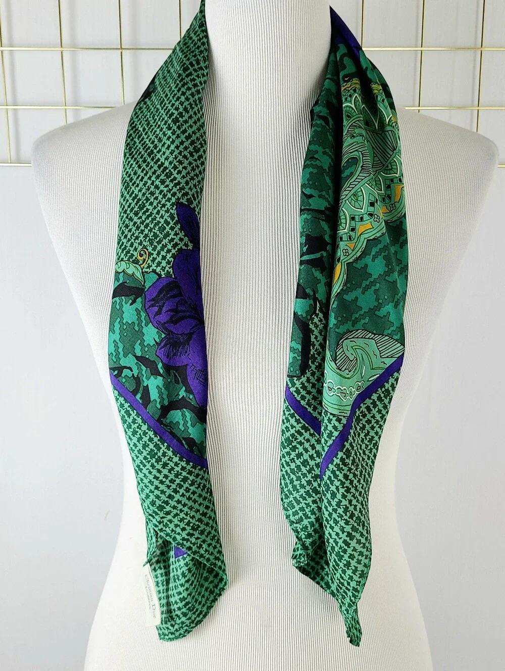 Christian Dior Royal Blue Green Paisley Vintage Silk Scarf